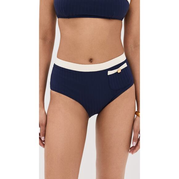 STAUD Devon High Rise Bikini Bottoms Navy/Ivory - S - Picture 1 of 4